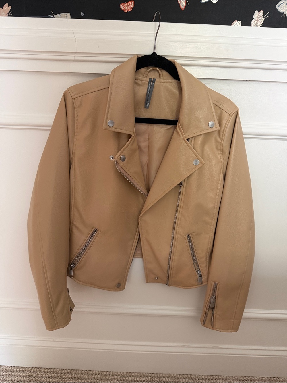 Anthropologie Tan Faux Leather Jacket size M never worn.